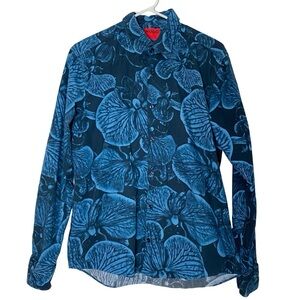 Hugo Boss Button Down Shirt Mens Size Medium Blue Floral Print Casual Slim Fit